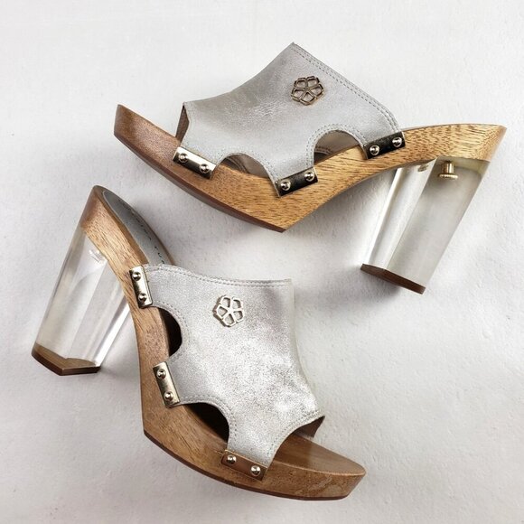 Trina Turk Palm Springs Lucite Heel Womens 9 Silver Wooden Slip On Platform Shoe - Picture 1 of 13